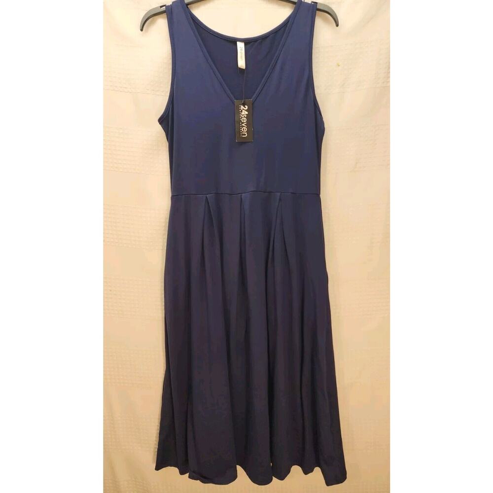 24seven Dress Size Small Midi Blue Pockets Vneck Causal Sleeveless